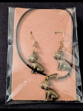 Hand Crafted Gold Puppy Pendant Necklace with Matching Earrings